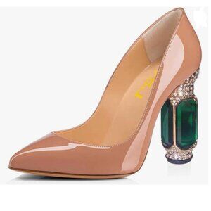 FSJ Nude Patent Heels with Green Gemstone Accent
